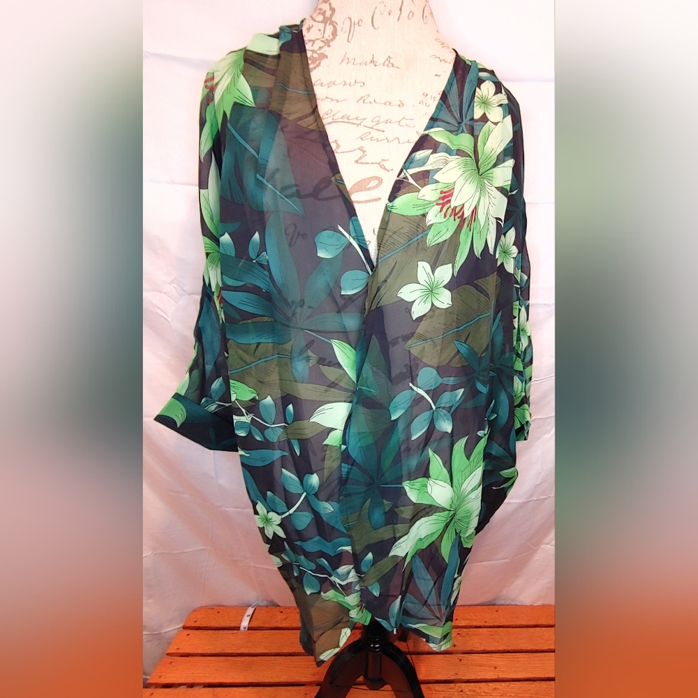 Kimono / Swimsuit Sheer Cover-up Greens/Black Palm & Floral Size M